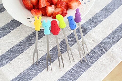 AYOMI Fruta/Pastel/Ensalada Tenedores púas para hogar y Restaurante, Cute Dibujos Animados Alimentos Palillos Accesorios, 6 Piezas Juego de Soportes con Tenedores Silicona Mango Acero Inoxidable