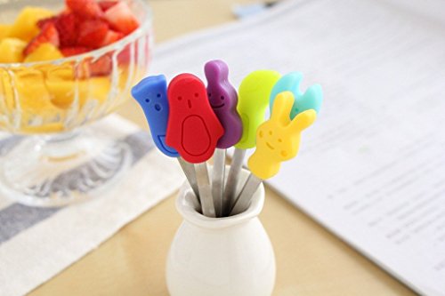 AYOMI Fruta/Pastel/Ensalada Tenedores púas para hogar y Restaurante, Cute Dibujos Animados Alimentos Palillos Accesorios, 6 Piezas Juego de Soportes con Tenedores Silicona Mango Acero Inoxidable
