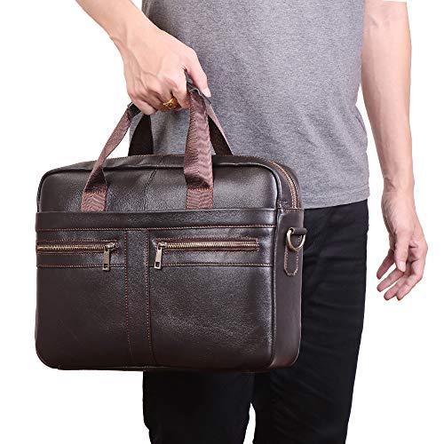 BAGZY Vintage Bolso Maletín para Hombre de Piel Genuina Bolso de Negocios Bolso Bandolera Portatil Bolsa de Mensajero para Portátil 15.6 Pulgadas Bolso Bandolera de Mano Piel Negocio Café Profundo