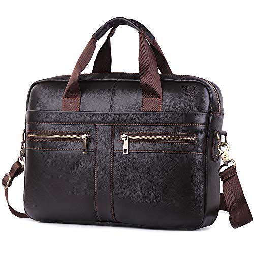 BAGZY Vintage Bolso Maletín para Hombre de Piel Genuina Bolso de Negocios Bolso Bandolera Portatil Bolsa de Mensajero para Portátil 15.6 Pulgadas Bolso Bandolera de Mano Piel Negocio Café Profundo