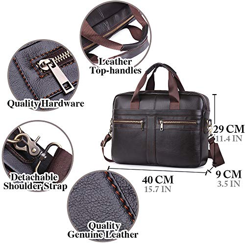BAGZY Vintage Bolso Maletín para Hombre de Piel Genuina Bolso de Negocios Bolso Bandolera Portatil Bolsa de Mensajero para Portátil 15.6 Pulgadas Bolso Bandolera de Mano Piel Negocio Café Profundo