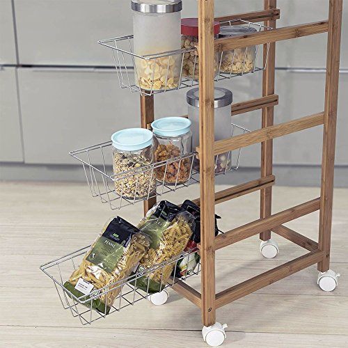 Bakaji - Carrito de cocina - Modelo Slim para ahorrar espacio - Material madera de bambú - 1 bandeja extraíble - 3 Cestas de metal para frutas, verduras - 4 Ruedas giratorias - Medidas 40 x 22 x 83 cm