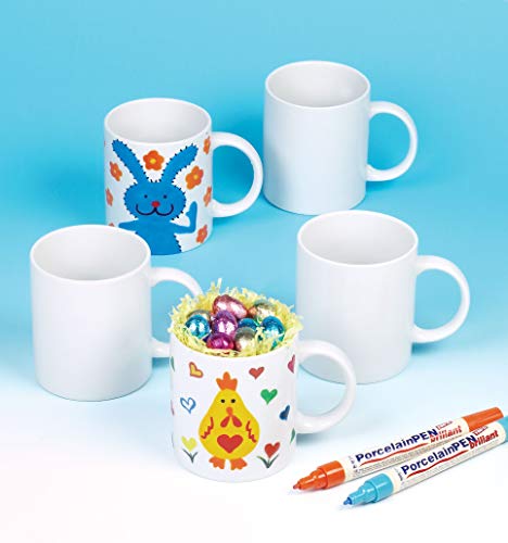 Baker Ross Ec1121- Diseña tus Propias Tazas grandes de Porcelana Blanca (Pack de 4) para que los Niños Decoren, Manualidades