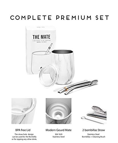 BALIBETOV - Nuevo - Set de Mate Calabaza Moderna para Yerba Mate - Pared Doble de Acero Inoxidable 18/8 - Incluye Dos Bombillas y un Cepillo de Limpieza (MARMOL, 355 ml)