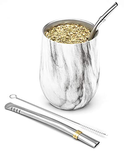 BALIBETOV - Nuevo - Set de Mate Calabaza Moderna para Yerba Mate - Pared Doble de Acero Inoxidable 18/8 - Incluye Dos Bombillas y un Cepillo de Limpieza (MARMOL, 355 ml)