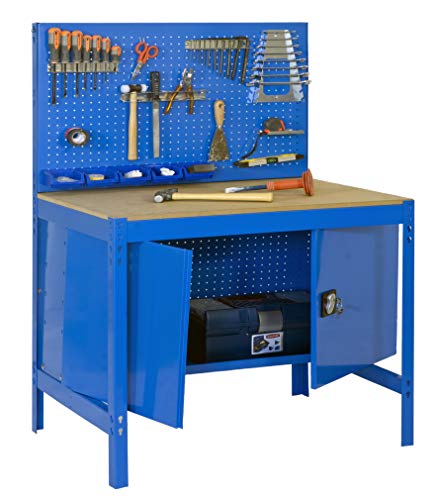 Banco de trabajo BT2 con armario Simonwork Azul/Madera Simonrack 1445x910x610 mms - Banco de trabajo con panel - mesa de bricolaje 400 Kgs de capacidad por estante