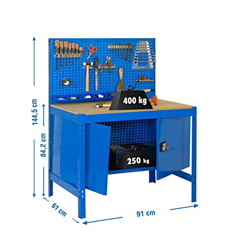 Banco de trabajo BT2 con armario Simonwork Azul/Madera Simonrack 1445x910x610 mms - Banco de trabajo con panel - mesa de bricolaje 400 Kgs de capacidad por estante