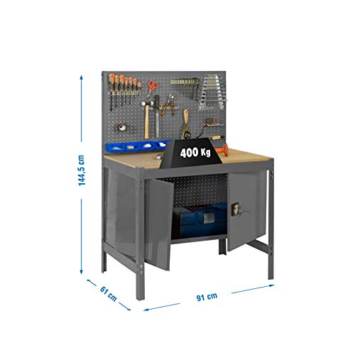 Banco de trabajo BT2 con armario Simonwork Gris/Madera Simonrack 1445x910x610 mms - Banco de trabajo con panel - mesa de bricolaje 400 Kgs de capacidad por estante
