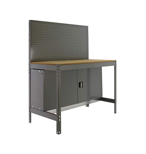 Banco de trabajo BT2 con armario Simonwork Gris/Madera Simonrack 1445x910x610 mms - Banco de trabajo con panel - mesa de bricolaje 400 Kgs de capacidad por estante