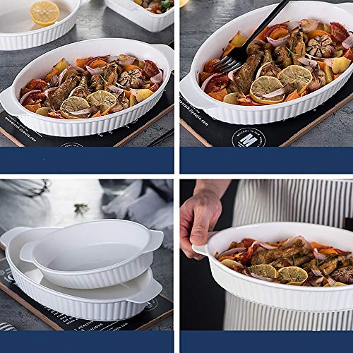 Bandeja de hornear 2 Piezas nórdica estilo oval Hornear tazón Bandeja de horno de cerámica arroz cocido al horno color sólido de rayas de vajilla vajilla con mango Bandeja para hornear esmaltada