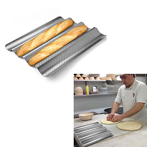 Bandeja de horno para baguette, acero al carbono, 4 ranuras onduladas, antiadherente, para hornear pan francés plata