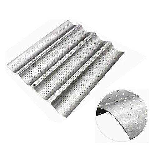 Bandeja de horno para baguette, acero al carbono, 4 ranuras onduladas, antiadherente, para hornear pan francés plata