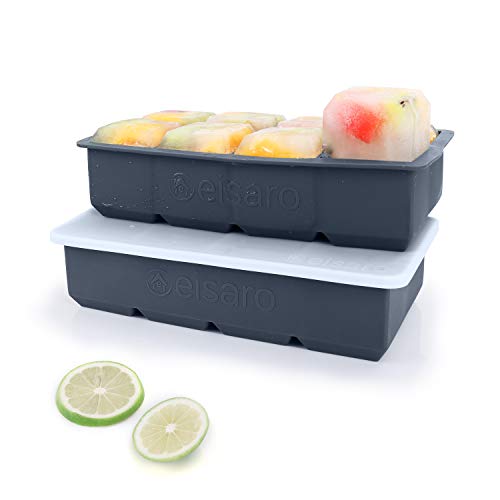 Bandejas de hielo de silicona con tapas, molde de hielo de gran tamaño, fácil de quitar y sin BPA para alimentos para bebés, whisky, cócteles, juego de 2, Gris