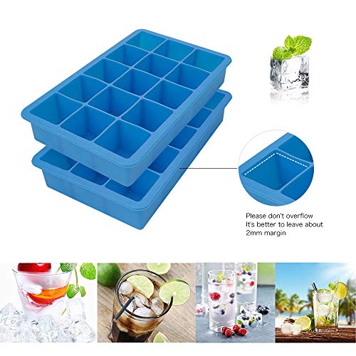 Bandejas para cubitos de hielo, 2 paquetes Bandeja para cubitos de hielo de silicona Moldes para hielo aptos para uso alimentario 15 cubos por bandeja Ideal para whisky, cócteles y cualquier bebida.
