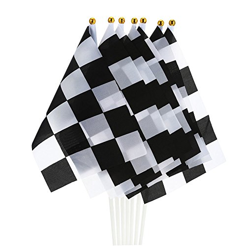 Bandera de Carreras a Cuadros, 12 Piezas Banderas de Mano a Cuadros en Blanco y Negro Carreras de Banderas de Poliéster con Barra de Plástico para Carreras de Motos, Bares, Discotecas (14 * 21 CM)