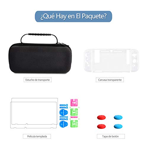 BANGTING 14 en 1 Kit de Accesorios Compatible con Nintendo Switch, 1PCS Funda de Transporte 1PCS Transparente Carcasa 2PCS Kit de Cristal Templado 4PCS Pulgar Grips Compatible con Nintendo Switch