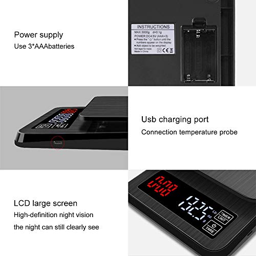 Báscula digital portátil con temporizador 5 kg / 0.1 g Básculas electrónicas LCD Balanza de alimentos Peso de medición Básculas de café de cocina G LB OZ-España