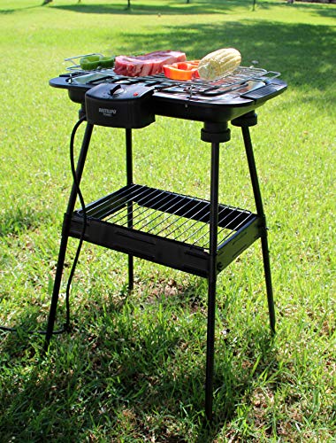 Bastilipo BBQ-2000P BBQ-2000P-Barbacoa electrica de exterior-Con patas-2000W de potencia y parrilla de 47 x 35cm-Barbacoa sin humo-Fácil de limpiar-2 niveles de altura y bandeja recoje grasas, Negro