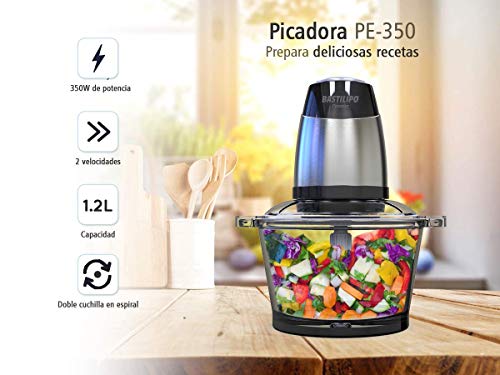 Bastilipo PE-350 Picadora electrica de alimentos de 350w y capacidad de 1,2l, 1.2 litros, Negro