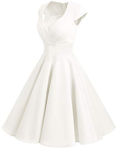 Bbonlinedress Vestido Corto Mujer Retro Años 50 Vintage Escote En Pico Off White S