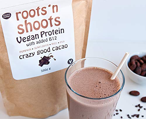 Bebida de Proteínas Vegana con B12 Agregado, 500g (Cacao/Chocolate) Hecha con 4 Proteínas de Plantas Premium | Sin Gluten | Sin Azúcar | Ingredientes Totalmente Naturales