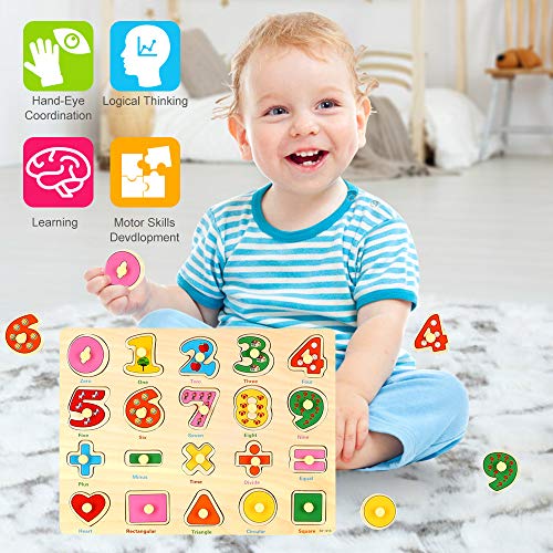BeebeeRun 4 Piezas Puzzle de Madera Letras,Número,Vehículo y Animales,Juguetes Educativos Rompecabezas de Clavijas de Madera para 1 2 3 + Años Niños Niñas