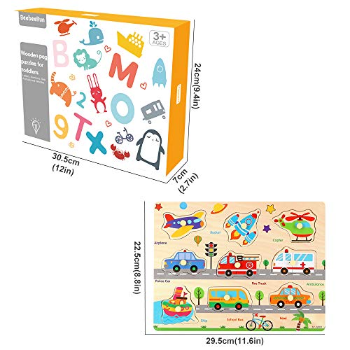BeebeeRun 4 Piezas Puzzle de Madera Letras,Número,Vehículo y Animales,Juguetes Educativos Rompecabezas de Clavijas de Madera para 1 2 3 + Años Niños Niñas