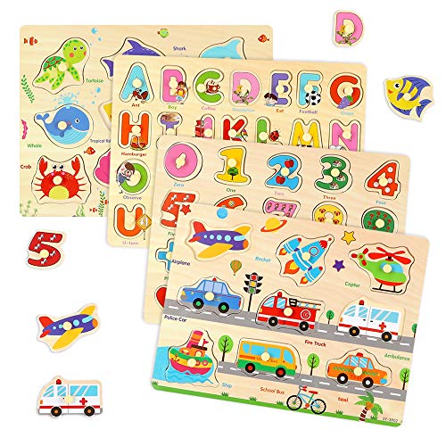 BeebeeRun 4 Piezas Puzzle de Madera Letras,Número,Vehículo y Animales,Juguetes Educativos Rompecabezas de Clavijas de Madera para 1 2 3 + Años Niños Niñas