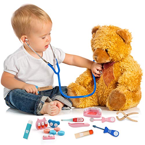 BeebeeRun Médico Juguetes de Madera de 19 Piezas, Juguetes de Dentista， Fingir Juego Herramientas para niños de 3 4 5 6 niñas