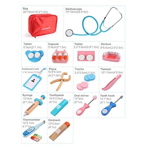 BeebeeRun Médico Juguetes de Madera de 19 Piezas, Juguetes de Dentista， Fingir Juego Herramientas para niños de 3 4 5 6 niñas