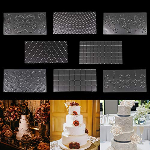 Belle Vous Alfombra para Impresión en Fondant (8 Piezas) - 30,5x16 cm - 2 Diamante, 2 Cuadrados, 4 Diseños Florales Plástico Transparente Glaseado Pastel Grabado - Herramienta Decorar Chocolate, Galle