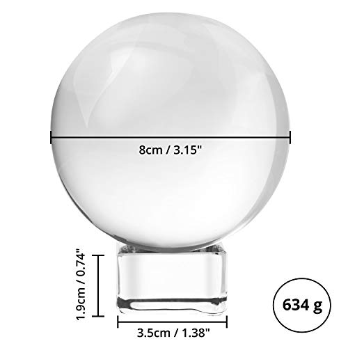 BELLE VOUS Bola de Cristal K9 80mm - Bola Cristal Fotografia 8cm Base de Cristal, Bolso Terciopelo, Paño Microfibra y Caja de Regalo - Esfera Lente Transparente Decoración Oficina, Meditar, Curación