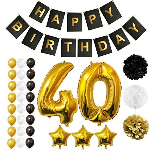 BELLE VOUS Globos Cumpleaños Happy Birthday, Suministros y Decoración Globo Grande de Aluminio - Decoración Globos De Látex Dorado, Blanco y Negro - Apto para Todos los Adultos (Age 40)