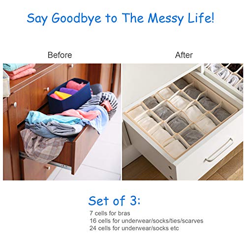 BelleStyle Organizadores de Cajones, Lavable Tela con Tablero Plastico Plegable Armario Cajas de Almacenaje Cajón Divisorios para Sujetadores, Ropa Interior, Calcetines, Corbatas, Bufandas y Pañuelos