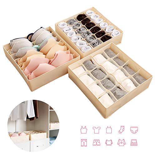 BelleStyle Organizadores de Cajones, Lavable Tela con Tablero Plastico Plegable Armario Cajas de Almacenaje Cajón Divisorios para Sujetadores, Ropa Interior, Calcetines, Corbatas, Bufandas y Pañuelos