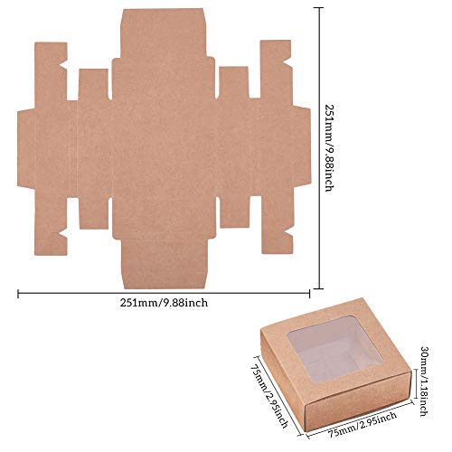 BENECREAT 20 Piezas Caja Marrón de Cartón Kraft con Ventana Transparente 7.5x7.5x3cm Cajas de Regalo para Fiesta Superior Envase de Joyería, Dulce, Pastel