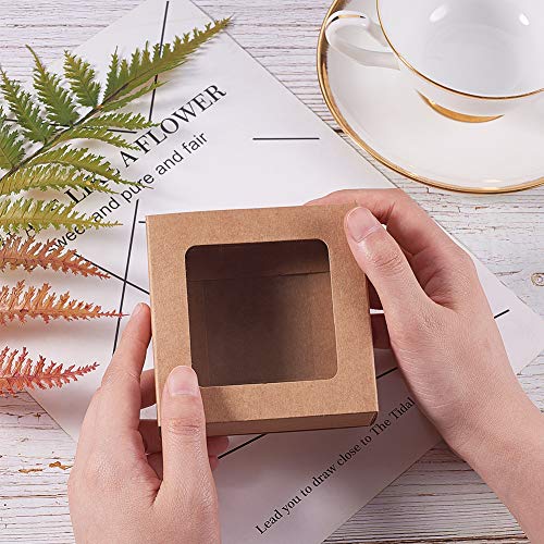 BENECREAT 20 Piezas Caja Marrón de Cartón Kraft con Ventana Transparente 7.5x7.5x3cm Cajas de Regalo para Fiesta Superior Envase de Joyería, Dulce, Pastel