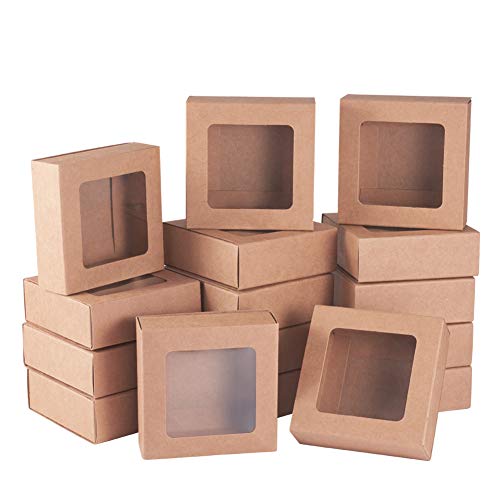 BENECREAT 20 Piezas Caja Marrón de Cartón Kraft con Ventana Transparente 7.5x7.5x3cm Cajas de Regalo para Fiesta Superior Envase de Joyería, Dulce, Pastel