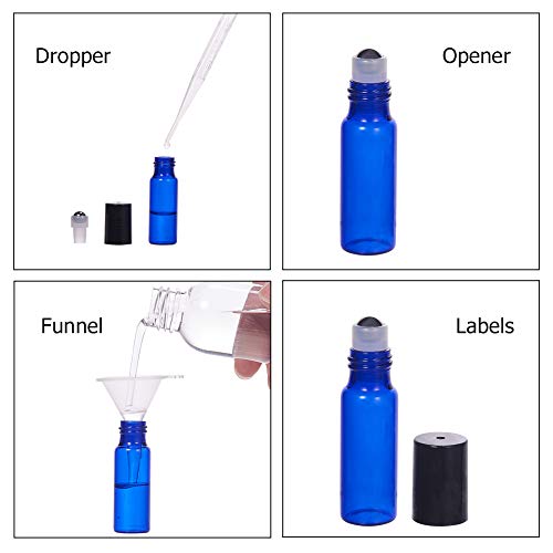 BENECREAT 30 Pack 5ml Botella Azul de Vidrio Botellas de Rodillos de Aceites Esenciales Equipado con 4 Embudos y 10 PCS Cuentagotas de Plástico
