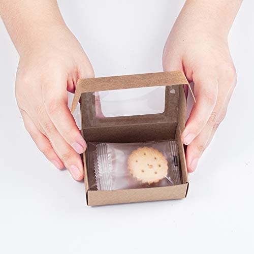 BENECREAT 30 Pack Caja Marrón de Cartón Plegabe con Ventana Transparente 8.5x6x3cm Caja de Joyería de Regalo Envase Superior para Pastel, Chocolate y Galleta