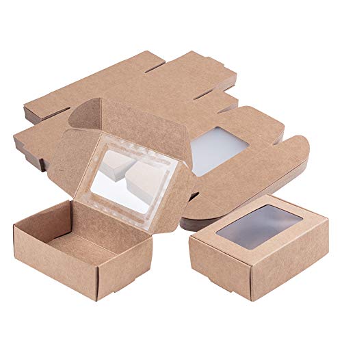 BENECREAT 30 Pack Caja Marrón de Cartón Plegabe con Ventana Transparente 8.5x6x3cm Caja de Joyería de Regalo Envase Superior para Pastel, Chocolate y Galleta