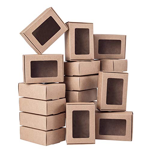 BENECREAT 30 Pack Caja Marrón de Cartón Plegabe con Ventana Transparente 8.5x6x3cm Caja de Joyería de Regalo Envase Superior para Pastel, Chocolate y Galleta