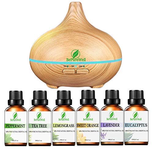 BePureWell 150ml Difusor De Aceites Esenciales Para Aromaterapia con 6 Aceites Esenciales 100% naturales,Difusor de Aromas,Humidificadores,Vaporizadores,Radiadores,Ambientador Casa