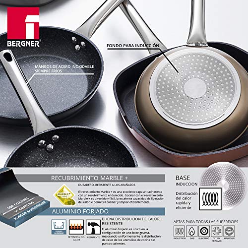 Bergner Set Neon Silver: sartenes Ø20 y Ø24 y para crepes Ø24 cm, aluminio forjado, antiadherente mármol, inducción, con mangos tubulares en acero inoxidable