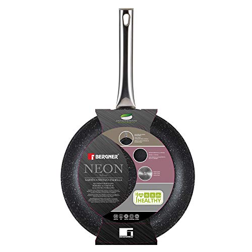 Bergner Set Neon Silver: sartenes Ø20 y Ø24 y para crepes Ø24 cm, aluminio forjado, antiadherente mármol, inducción, con mangos tubulares en acero inoxidable