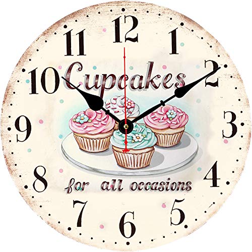 BERYART Reloj de pared silencioso sin tictac, movimiento de cuarzo de 14 pulgadas, reloj de pared de madera, decorativo para cocina, sala de estar, comedor, dormitorio, oficina (reloj de cupcakes)
