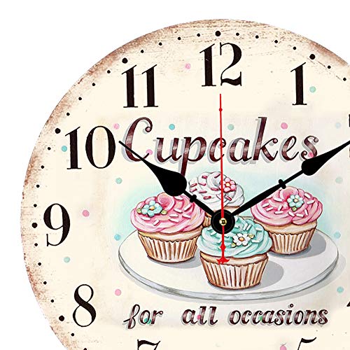 BERYART Reloj de pared silencioso sin tictac, movimiento de cuarzo de 14 pulgadas, reloj de pared de madera, decorativo para cocina, sala de estar, comedor, dormitorio, oficina (reloj de cupcakes)
