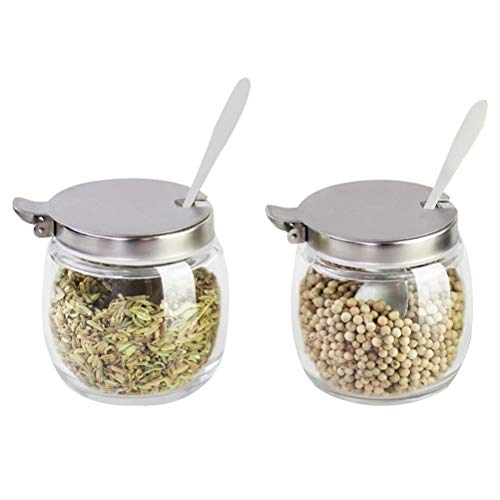 BESTONZON Caja de condimento azucarero con tapa y cuchara de cristal salero pimentero tarro de almacenamiento – 2 piezas
