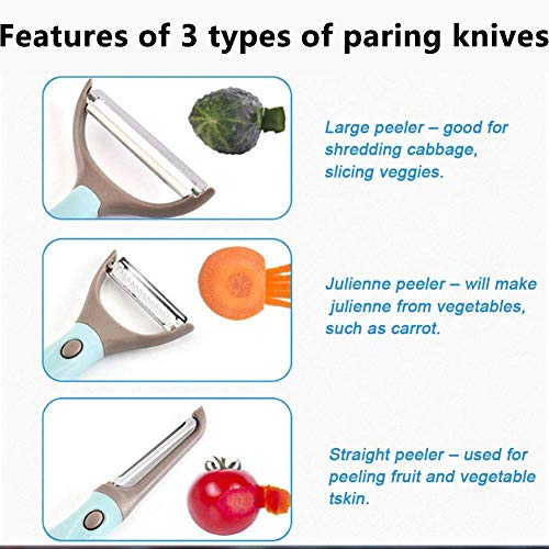 BETOY 3 En 1 Pelador Frutas, Multifunción 3 en 1 Pelador Conjunto 3 en 1 Multifunción y Pelador Profesional Pelador Antideslizante Pelador de Frutas y Verduras para Cocina, Restaurante, Hotel, Azul