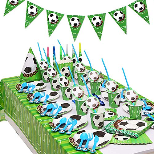 BETOY Fiesta de cumpleaños Fútbol 106PCS Vajilla Fiesta Fútbol Decoración Futbol Cumpleaños Conjunto de Suministros Mantel Platos Servilletas Pancartas Tazas Utensilios para Niños Cumpleaños Niñas